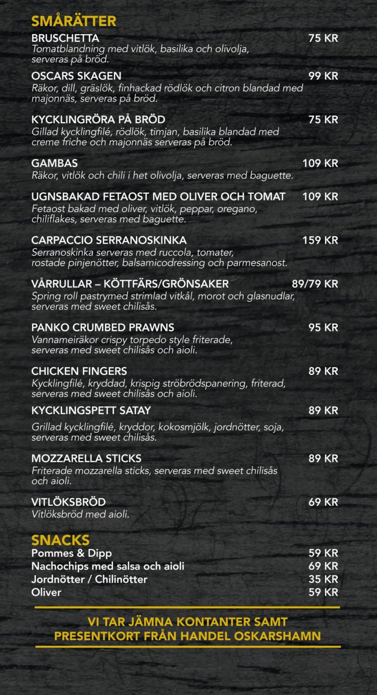 Smårätter Oscars Bar Oskarshamn Meny