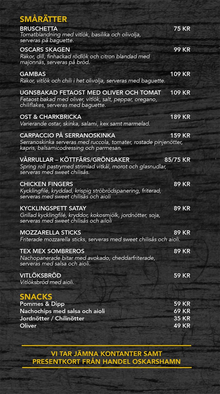 Meny Oscars Bar Smårätter Snacks