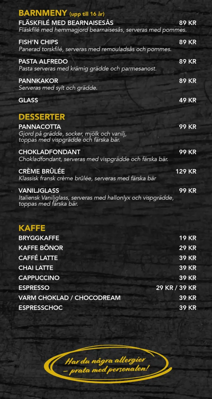 Barnmeny Desserter Oscars Bar Oskarshamn Meny