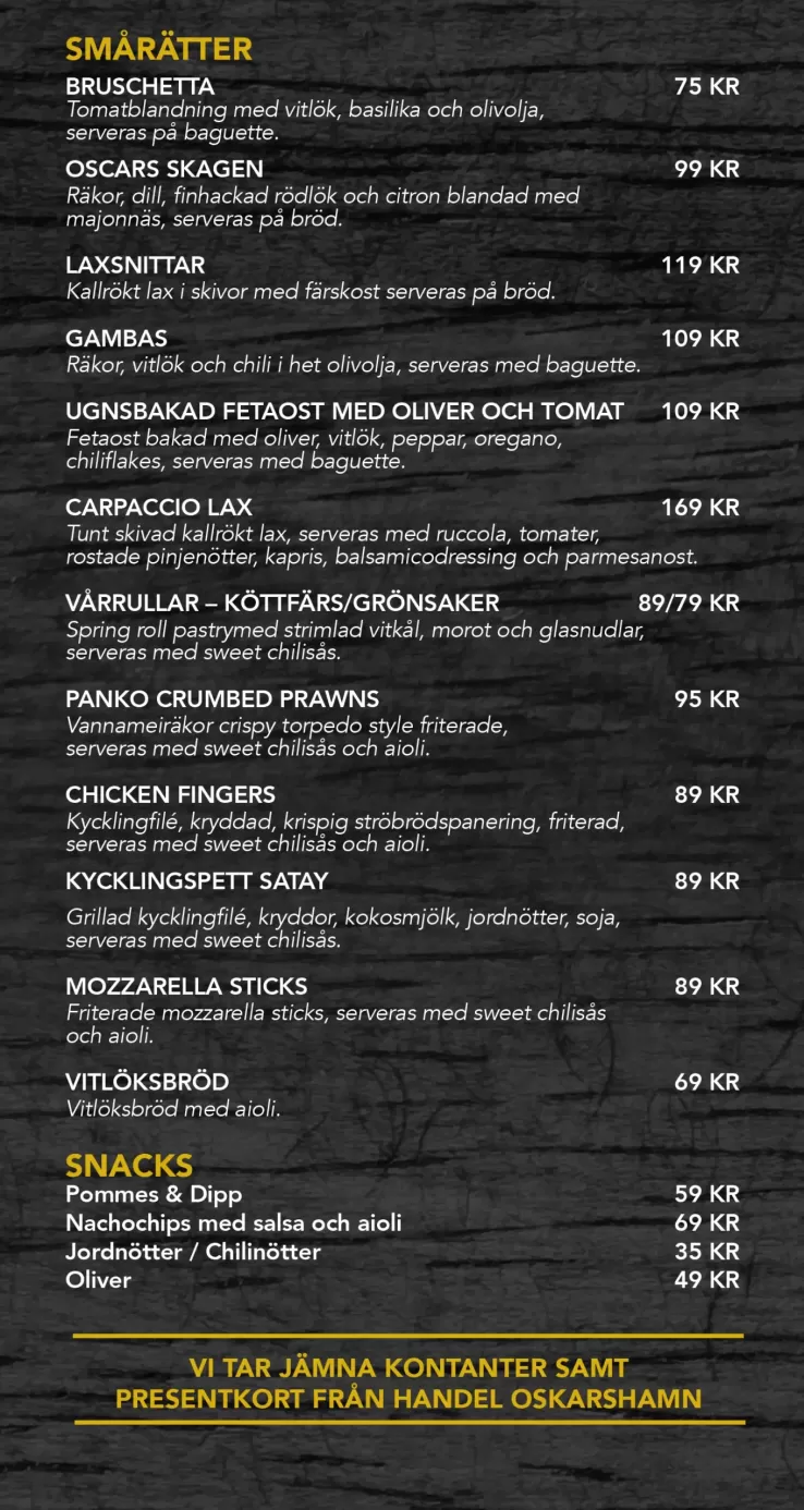 Smårätter Oscars Bar Oskarshamn Meny